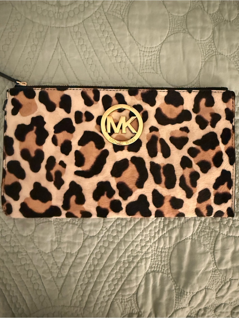 Michael Kors Leopard Print Zip Clutch in Brown Black Beige with Gold Logo